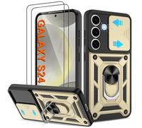 Pilaru Shockproof Case for Samsung S24 Military-Grade Drop Proof Dual-Layer Protective with Camera Slide Cover | Precision Hole, Built-in Kickstand & 2 Screen Protectors for Galaxy S24 Phone,Gold