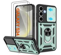 Pilaru Shockproof Case for Samsung S24 Military-Grade Drop Proof Dual-Layer Protective with Camera Slide Cover | Precision Hole, Built-in Kickstand & 2 Screen Protectors for Galaxy S24 Phone,Green