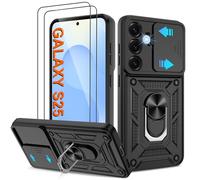 Pilaru Shockproof Case for Samsung S25 Military-Grade Drop Proof Dual-Layer Protective with Camera Slide Cover | Precision Hole, Built-in Kickstand & 2 Screen Protectors for Galaxy S25 Phone,Black