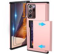 Pilaru Sliding Card Holder Case for Samsung Note 20 Ultra | Hidden Slot Cards | 2 screen protectors | Shockproof Protective Wallet Cover | Durable Dual-Layer Design for Galaxy Note 20 Ultra,Rose Gold