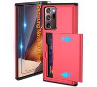 Pilaru Sliding Card Holder Case for Samsung Note 20 Ultra | Hidden Slot Cards | 2 screen protectors | Shockproof Protective Wallet Cover | Durable Dual-Layer Design for Galaxy Note 20 Ultra,Red