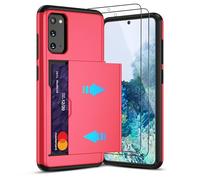 Pilaru Sliding Card Holder Case for Samsung S20 | Hidden Slot Cards | 2 screen protectors | Shockproof & Anti-Slip Protective Wallet Cover | Durable Dual-Layer Design for Galaxy S20,Red