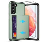 Pilaru Sliding Card Holder Case for Samsung S21 | Hidden Slot Cards | 2 screen protectors | Shockproof & Anti-Slip Protective Wallet Cover | Durable Dual-Layer Design for Galaxy S21,Green