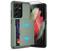 Pilaru Sliding Card Holder Case for Samsung S21 Ultra | Hidden Slot Cards | 2 screen protectors | Shockproof & Anti-Slip Protective Wallet Cover | Durable Dual-Layer Design for Galaxy S21 Ultra,Green