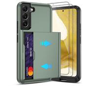 Pilaru Sliding Card Holder Case for Samsung S22 | Hidden Slot Cards | 2 screen protectors | Shockproof & Anti-Slip Protective Wallet Cover | Durable Dual-Layer Design for Galaxy S22,Green