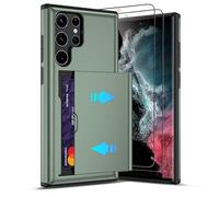 Pilaru Sliding Card Holder Case for Samsung S22 Ultra | Hidden Slot Cards | 2 screen protectors | Shockproof & Anti-Slip Protective Wallet Cover | Durable Dual-Layer Design for Galaxy S22 Ultra,Green