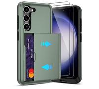 Pilaru Sliding Card Holder Case for Samsung S23 | Hidden Slot Cards | 2 screen protectors | Shockproof & Anti-Slip Protective Wallet Cover | Durable Dual-Layer Design for Galaxy S23,Green