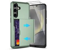 Pilaru Sliding Card Holder Case for Samsung S24 | Hidden Slot Cards | 2 screen protectors | Shockproof & Anti-Slip Protective Wallet Cover | Durable Dual-Layer Design for Galaxy S24,Green