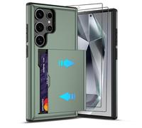 Pilaru Sliding Card Holder Case for Samsung S24 Ultra | Hidden Slot Cards | 2 screen protectors | Shockproof & Anti-Slip Protective Wallet Cover | Durable Dual-Layer Design for Galaxy S24 Ultra,Green