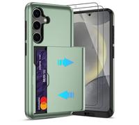 Pilaru Sliding Card Holder Case for Samsung S25 | Hidden Slot Cards | 2 screen protectors | Shockproof & Anti-Slip Protective Wallet Cover | Durable Dual-Layer Design for Galaxy S25,Green