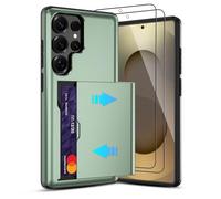 Pilaru Sliding Card Holder Case for Samsung S25 Ultra | Hidden Slot Cards | 2 screen protectors | Shockproof & Anti-Slip Protective Wallet Cover | Durable Dual-Layer Design for Galaxy S25 Ultra,Green