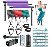 Pilates Bar Kit with Resistance Bands - 6X Resistance Bands, 3 Section Exercise Bar with Adjustable Strap, Door Anchor, Foot Loops, and Ankle Strap - Pilates Equipment for Home Workouts