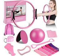 Pilates Essentials Kit for Women - Pilates Ring Set 14 PCS, 14.9'' Pilates Ring and 9.8'' Ball Set, Sliding Disks, Resistance Bands for Home Workouts, Women, Postpartum, Fitness Enthusiasts（Pink）