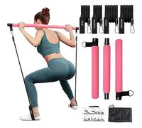Pilates Exercise Stick Kit with 4 (2 Strong & 2 Standard) Resistance Bands,Portable Compact 3-Section Yoga Resistance Bands for Legs and Butt, Pilates Bar with Foot Strap for Full Body Workout (Pink)