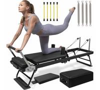 Pilates Reformer Machine, Upgraded Lengthened Foldable, Pilates Board up to 330 lbs Capacity, with Jump Board and Dual Resistance, 4 Springs, for Home-Yoga Exercise,Black+box