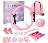 Pilates Ring and Ball Set for Women, Home Workout Pilates Kit, Magic Circle Hoop with 5 Resistance Bands, Pilates Equipment Fitness Essentials Starter Set Accessories (Pink)