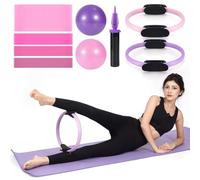 Pilates Ring Circle and Pilates Ball Set, 12 Inch&14Inch Magic Circle Pilates Ring,9 Inch Small Exercise Ball,Resistance Bands Set, Home Pilates Equipment for Women (Pink & Purple Ring Circle)