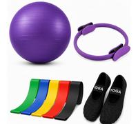 Pilates Ring Equipment Set, Home Pilates Kit for Women with 15’’ Magic Ring with Dual Padded Handles, 25cm Yoga Ball, 5 Resistance Bands & Complete Fitness Guide, Pilates Essential Kit -Purple