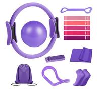 Pilates Ring Kit for Women - Home Workout Equipment with 9.8" Yoga Ball, 5 Pilates Bands, Magic Circle, Anti-Slip Socks, Gym Bag, for Legs, Arms, Thighs, Yoga Set for Beginners-13 Piece Purple