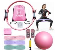Pilates Ring Set for Women | 14" Magic Circle Starter Kit with Resistance Bands, Mini Ball, Yoga Strap & Pump | Includes Carry Bag | Home Workout Pilates Equipment for Strength & Flexibility Pink