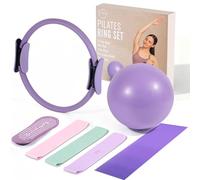 Pilates Ring Set - Premium14”Magic Circle with Dual Padded Handles - Includes Pilates Mini Ball & Highly Elastic Resistance Bands & Workout Guide & Yoga band (Purple)