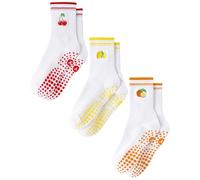 Pilates Stopper Socks for Women Yoga Non-Slip Grip Socks Cute Reformer Pilates Non-Slip Socks with Nubs for Ballet Barre Dance Trampoline Hospital Fitness Home, 3 Pack Cherry Lemon Orange, One Size