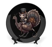 Pilgrim Cat on Turkey Decorative Plate Ceramic China Plates with Display Stand for Home Wall Decor 8inch