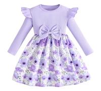 Pilipulu Girls Long Sleeve Dresses Bow Dress A-line Floral Casual Party Dress Knee Length Dressy Dresses Ruffle Detail Round Neck Purple 8 Years