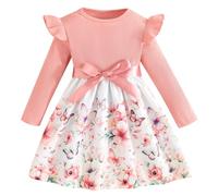 Pilipulu Girls Long Sleeve Dresses Bow Dress A-line Floral Casual Party Dress Knee Length Dressy Dresses Ruffle Detail Round Neck Pink 7 Years