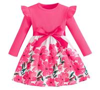 Pilipulu Girls Long Sleeve Dresses Bow Dress A-line Floral Casual Party Dress Knee Length Dressy Dresses Ruffle Detail Round Neck Pink 1 7 Years