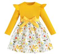 Pilipulu Girls Long Sleeve Dresses Bow Dress A-line Floral Casual Party Dress Knee Length Dressy Dresses Ruffle Detail Round Neck Yellow 4 Years