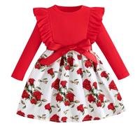 Pilipulu Girls Long Sleeve Dresses Bow Dress A-line Floral Casual Party Dress Knee Length Dressy Dresses Ruffle Detail Round Neck Red 6 Years