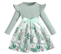 Pilipulu Girls Long Sleeve Dresses Bow Dress A-line Floral Casual Party Dress Knee Length Dressy Dresses Ruffle Detail Round Neck Mint 6 Years