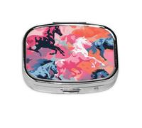 Pill Box 2 Compartment Abstract Color Horse Group Tablet Box with Mirror Small Pill Organiser for Purse or Pocket Vitamin Organiser