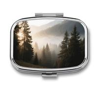 Pill Box 2 Compartment Alpine Forest Travel Pill Case with Mirror Waterproof Medicine Pills Organizer 2 Times A Day Portable Med Container for Purse & Pocket Rectangle Silver