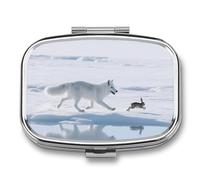 Pill Box 2 Compartment Arctic Fox Chases Travel Pill Case with Mirror Waterproof Medicine Pills Organizer 2 Times A Day Portable Med Container for Purse & Pocket Rectangle Silver