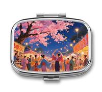 Pill Box 2 Compartment Asian Cherry Blossom Travel Pill Case with Mirror Waterproof Medicine Pills Organizer 2 Times A Day Portable Med Container for Purse & Pocket Rectangle Silver