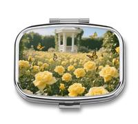 Pill Box 2 Compartment Beautiful Yellow Roses Travel Pill Case with Mirror Waterproof Medicine Pills Organizer 2 Times A Day Portable Med Container for Purse & Pocket Rectangle Silver