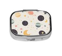 Pill Box 2 Compartment Beige Cartoon Star Planet Tablet Box with Mirror Small Pill Organiser for Purse or Pocket Vitamin Organiser