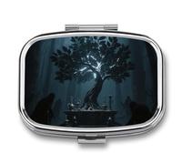 Pill Box 2 Compartment Black Light Tree of Life Travel Pill Case with Mirror Waterproof Medicine Pills Organizer 2 Times A Day Portable Med Container for Purse & Pocket Rectangle Silver