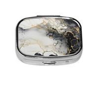 Pill Box 2 Compartment Black White Classical Marble Tablet Box with Mirror Small Pill Organiser for Purse or Pocket Vitamin Organiser