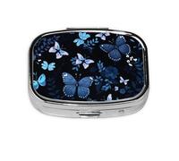 Pill Box 2 Compartment Blue Butterfly Tablet Box with Mirror Small Pill Organiser for Purse or Pocket Vitamin Organiser