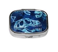 Pill Box 2 Compartment Blue Dinosaur Bones Tablet Box with Mirror Small Pill Organiser for Purse or Pocket Vitamin Organiser