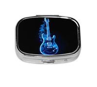 Pill Box 2 Compartment Blue Guitar Tablet Box with Mirror Small Pill Organiser for Purse or Pocket Vitamin Organiser