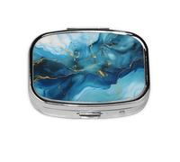 Pill Box 2 Compartment Blue Marble Gilded Tablet Box with Mirror Small Pill Organiser for Purse or Pocket Vitamin Organiser