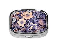 Pill Box 2 Compartment Bohemian Art Purple Flowers Tablet Box with Mirror Small Pill Organiser for Purse or Pocket Vitamin Organiser