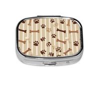 Pill Box 2 Compartment Brown Striped Dog Footprints Tablet Box with Mirror Small Pill Organiser for Purse or Pocket Vitamin Organiser