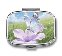 Pill Box 2 Compartment Butterflies Fall on Flowers Travel Pill Case with Mirror Waterproof Medicine Pills Organizer 2 Times A Day Portable Med Container for Purse & Pocket Rectangle Silver