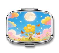Pill Box 2 Compartment Butterfly Moon Flower Travel Pill Case with Mirror Waterproof Medicine Pills Organizer 2 Times A Day Portable Med Container for Purse & Pocket Rectangle Silver