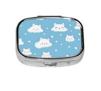 Pill Box 2 Compartment Cartoon Cloud Cat Tablet Box with Mirror Small Pill Organiser for Purse or Pocket Vitamin Organiser